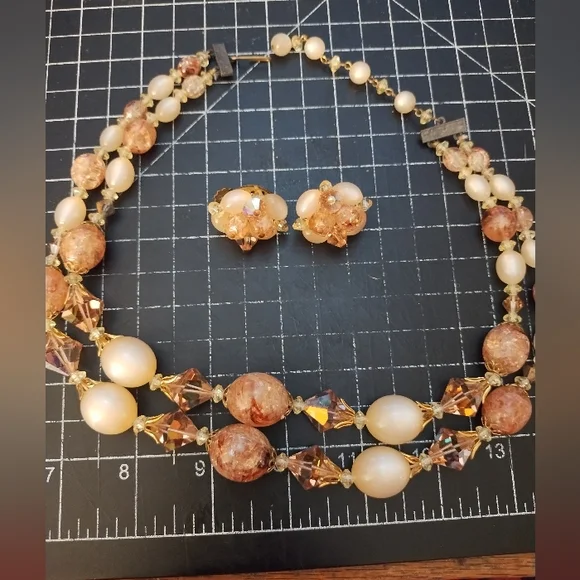 Vintage Double Strand Glass Necklace & Clip-On Earring Set, 1950s-1960s … - Picture 12 of 12